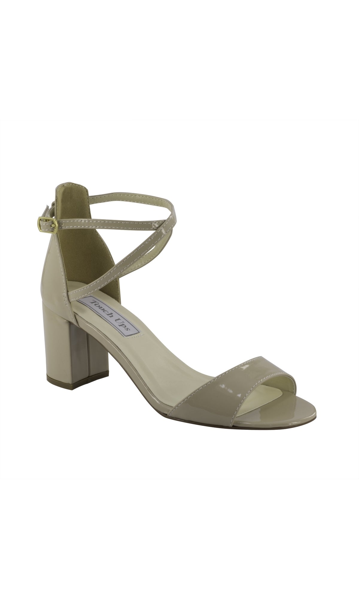 The Jackie Nude Block Heel Prom Shoes 4270 feature beige patent leather, ankle straps, an open toe, and a stylish block heel—ideal for prom, from Touch Ups. Displayed on a white background.